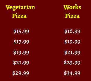 pizza price menu