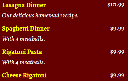 Pasta menu