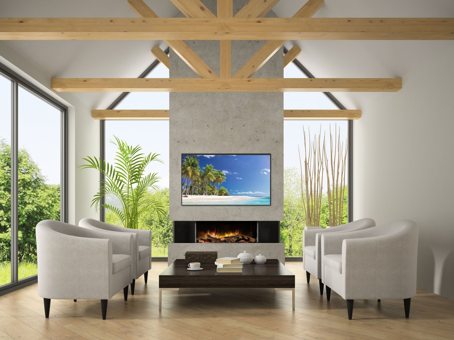 A living room with a fireplace , chairs and a flat screen tv.