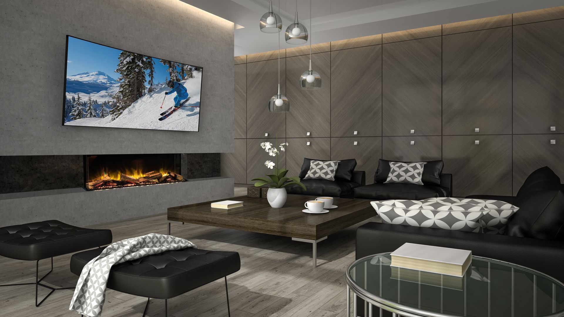 A living room with a couch , coffee table , television and fireplace.