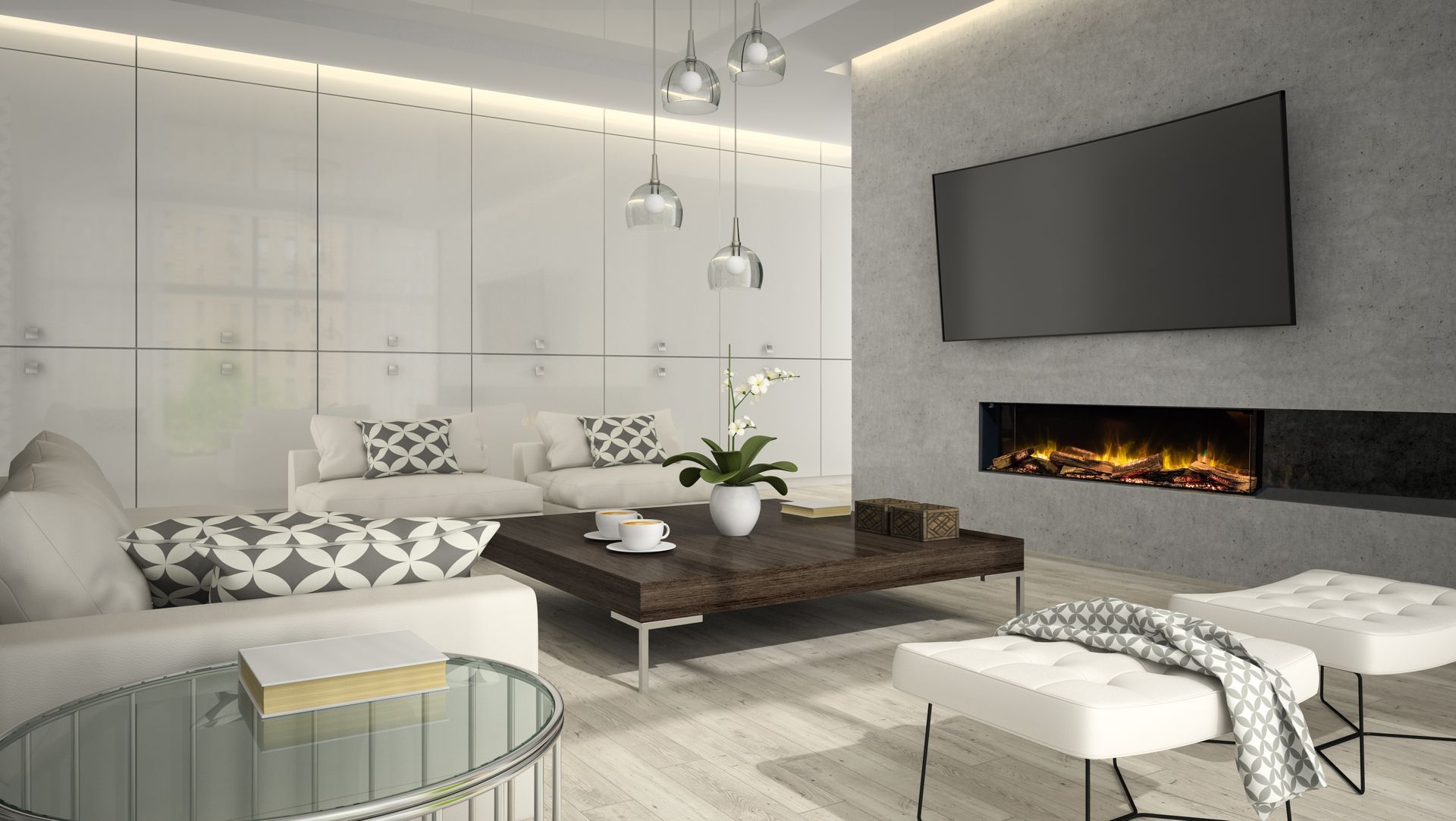 A living room with a fireplace , couch , coffee table and television.