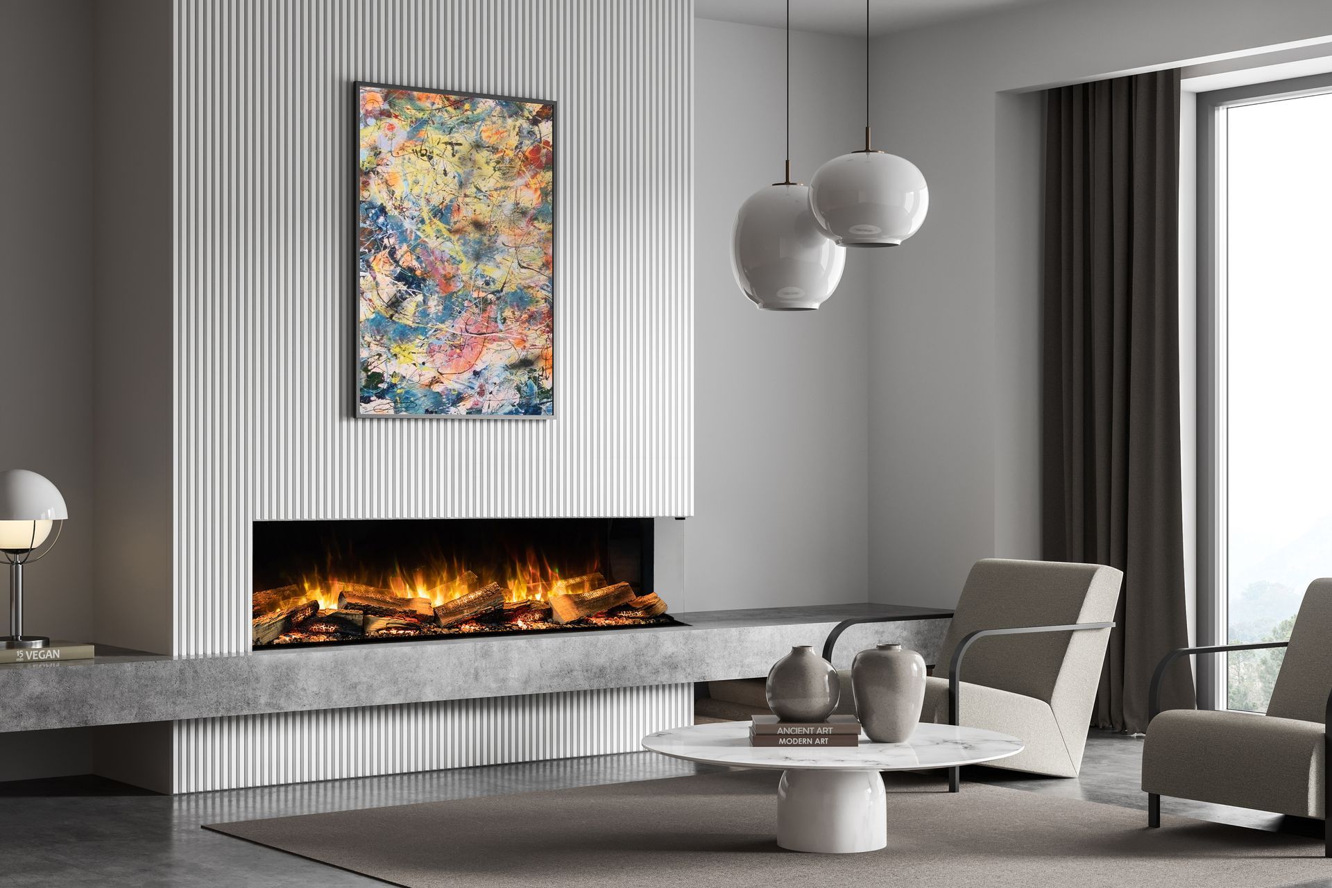 A living room with a fireplace and a painting on the wall.