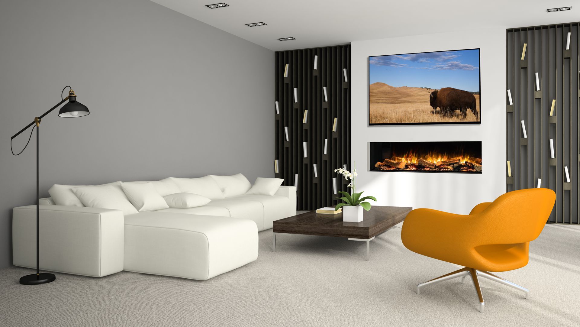A living room with a couch , chair , coffee table and television.