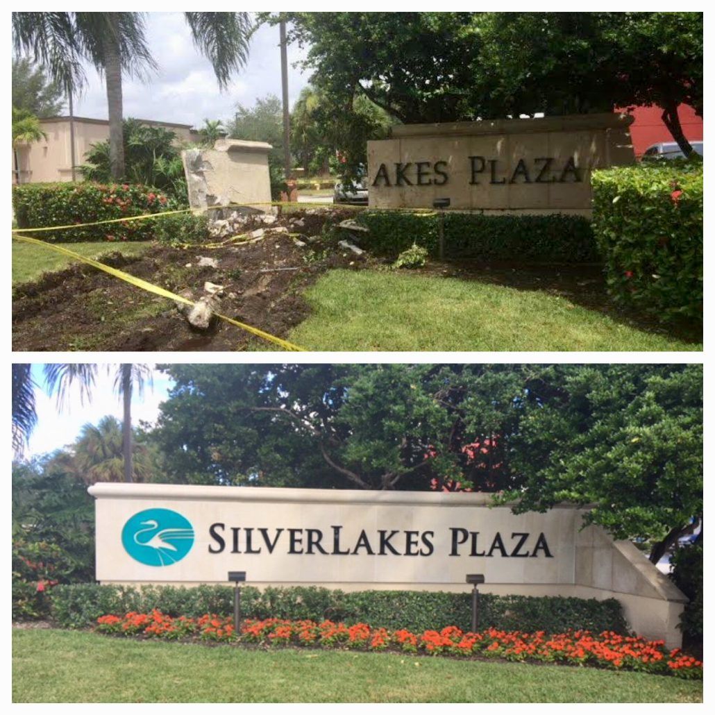 A before and after photo of a sign for silver lakes plaza
