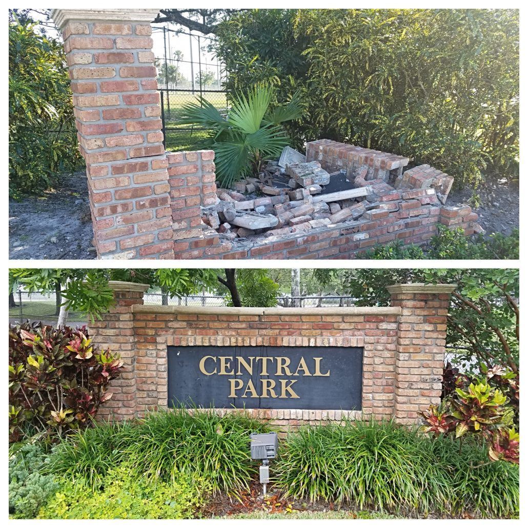 A before and after photo of a brick sign for central park.