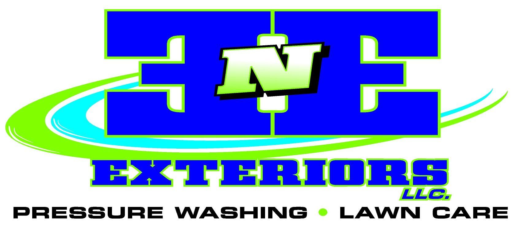 NE Exteriors logo with green and blue lettering and the tagline &ldquo;Pressure Washing &bull; Lawn Care&rdquo;