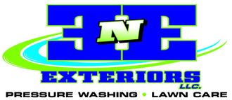 NE Exteriors logo with green and blue lettering and the tagline &ldquo;Pressure Washing &bull; Lawn Care&rdquo;
