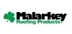 Logo for Malarkey Roofing Products featuring a green shamrock and black text on a white background.