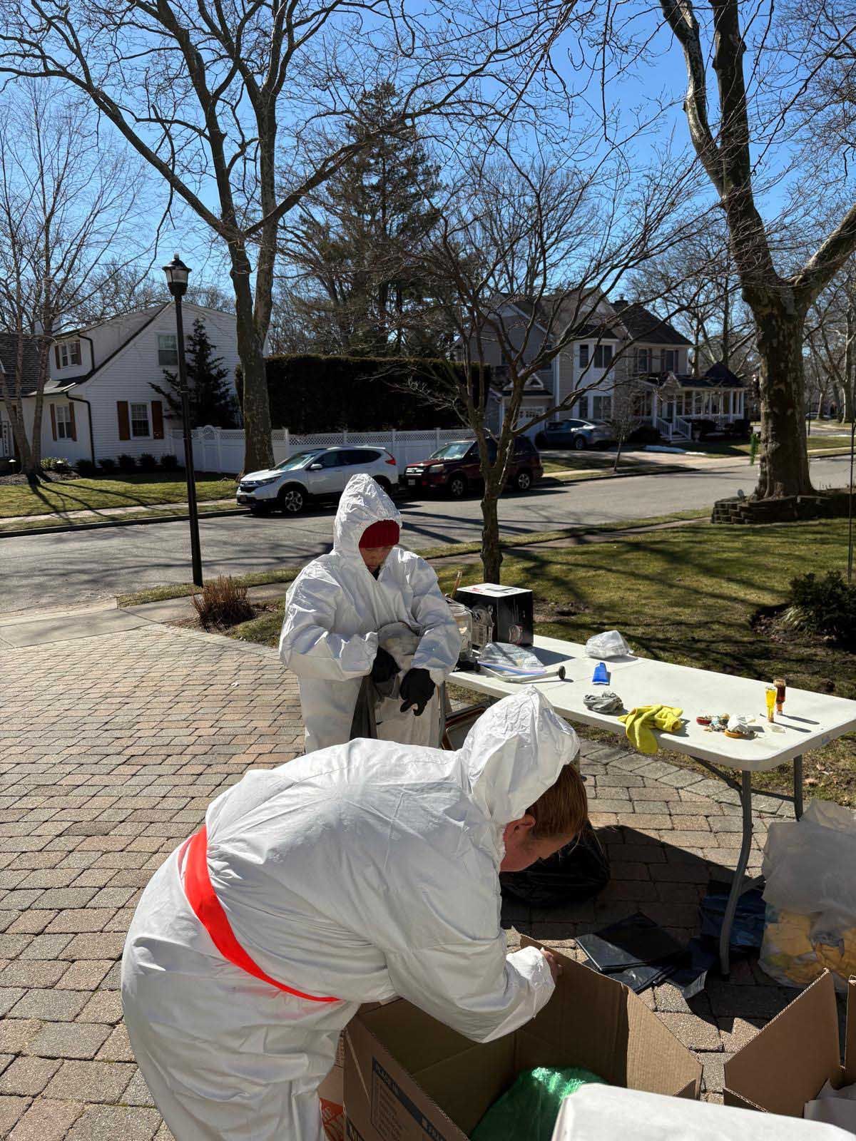 Two people in white protective hazmat suits work at a folding table on a sunny, residential brick driveway.