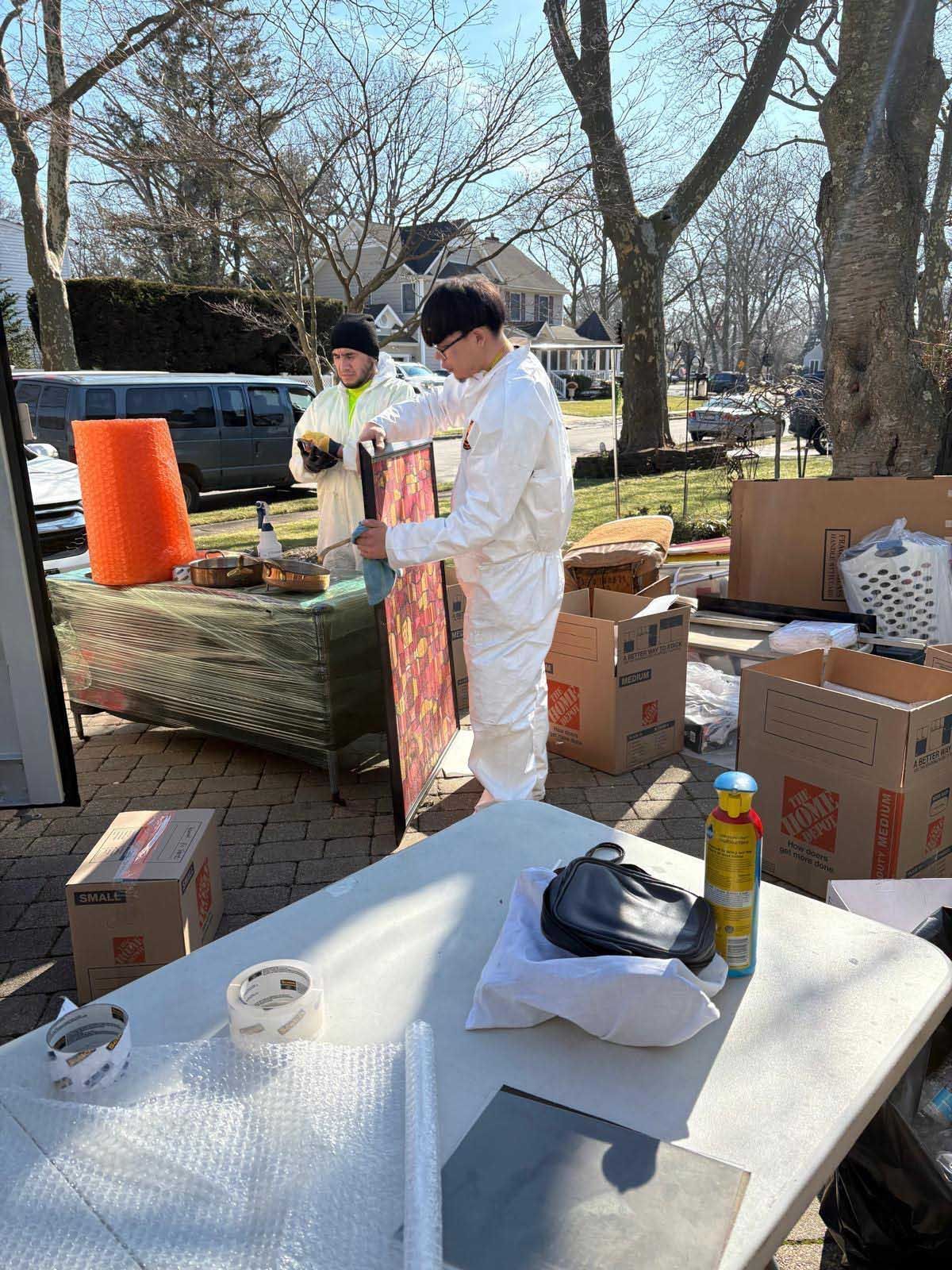 Two individuals in white protective coveralls work outdoors, wrapping items in bubble wrap near boxes and a table.