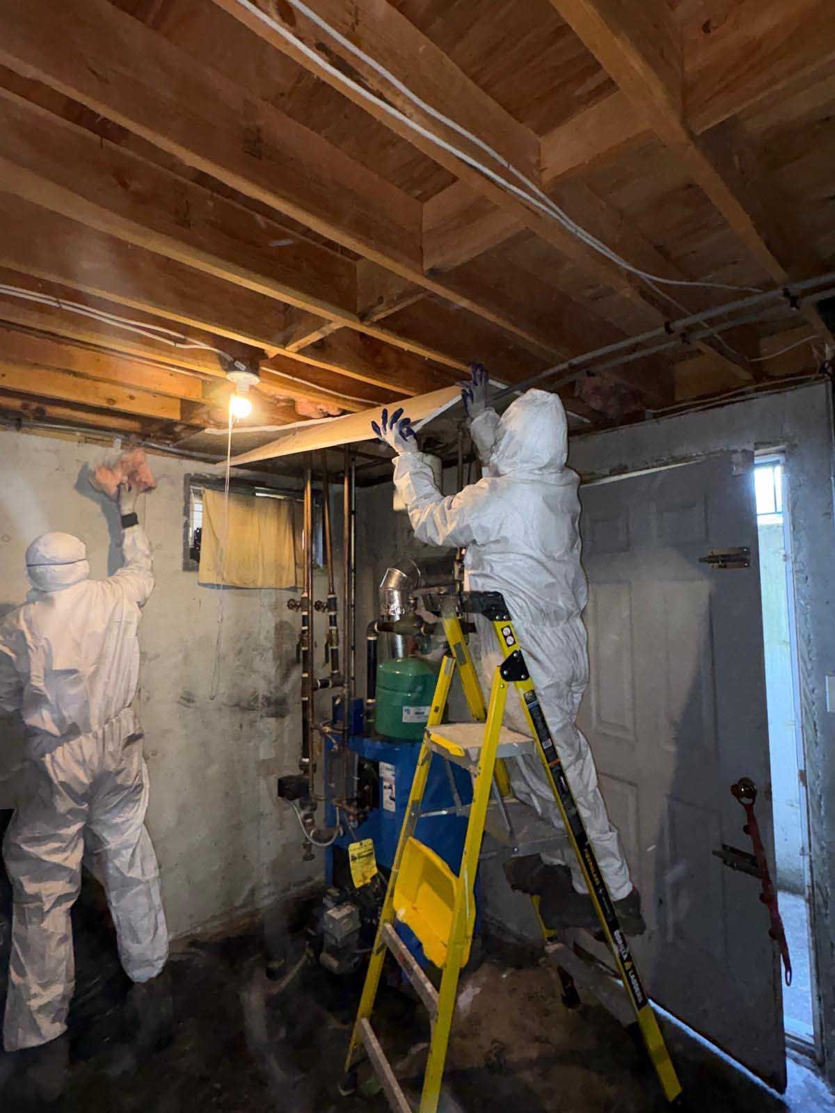 Two workers in white hazmat suits perform remediation work in a basement near mechanical equipment and a ladder.