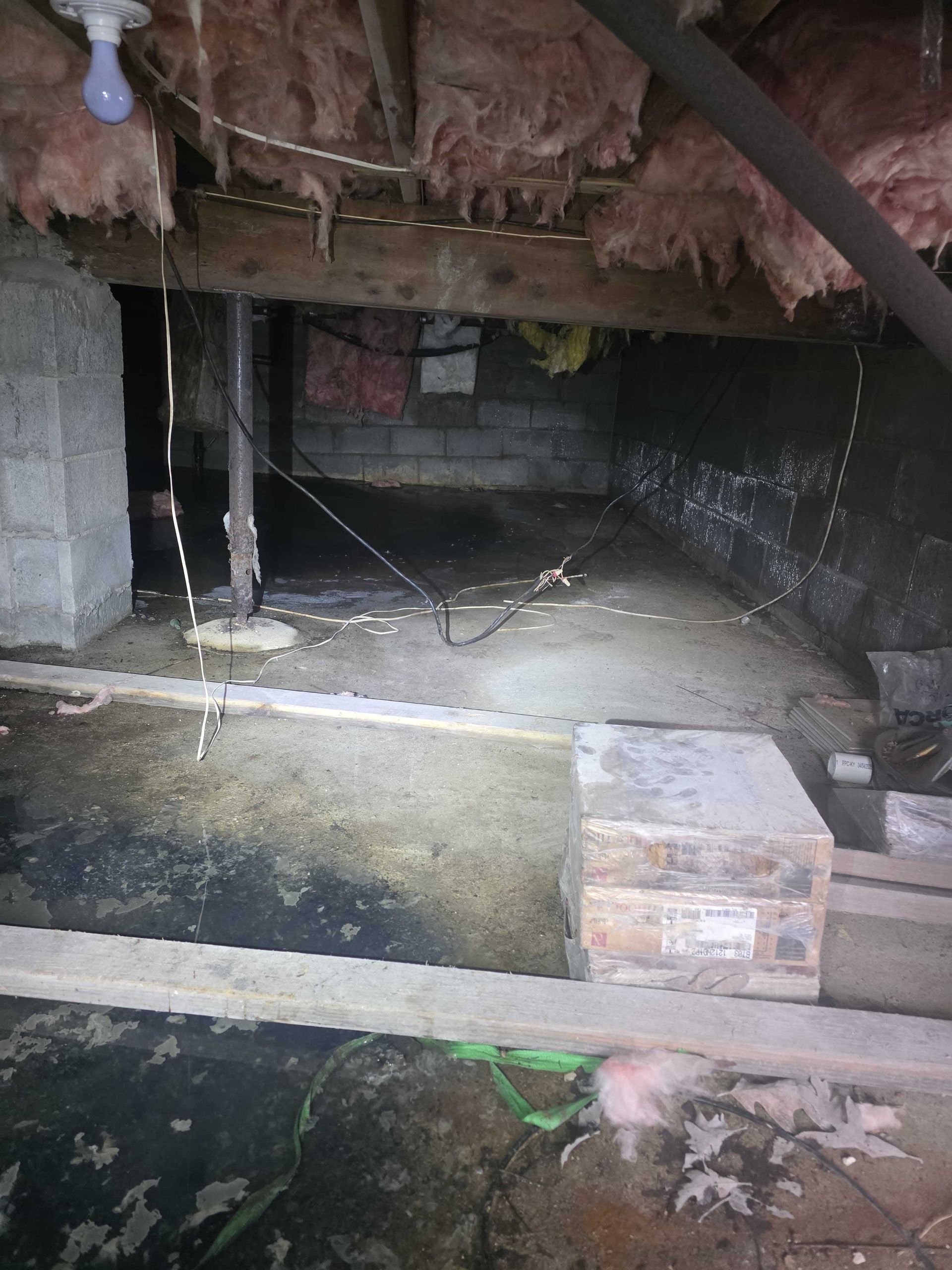 A dark, damp crawl space with exposed insulation, a concrete block wall, a support post, and standing water on the ground.