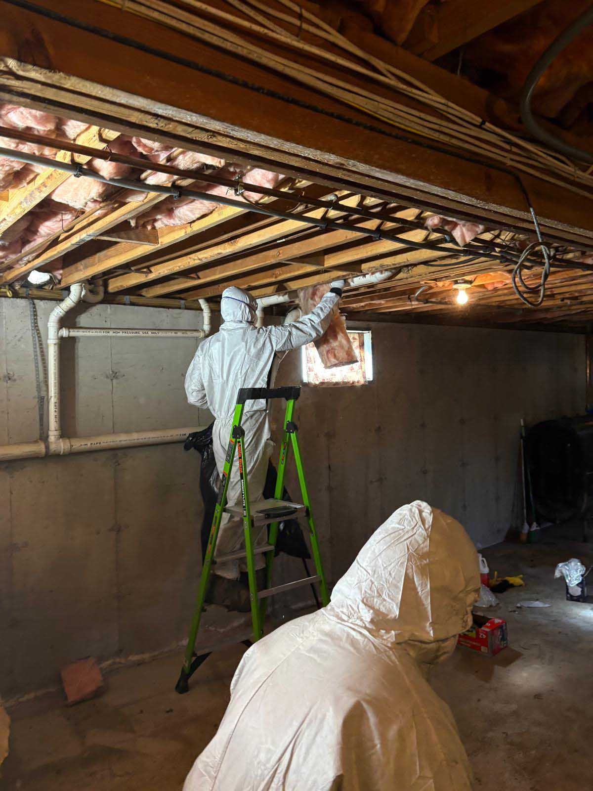 Two people in white hazmat suits working in a basement, one on a ladder installing fiberglass insulation between joists.