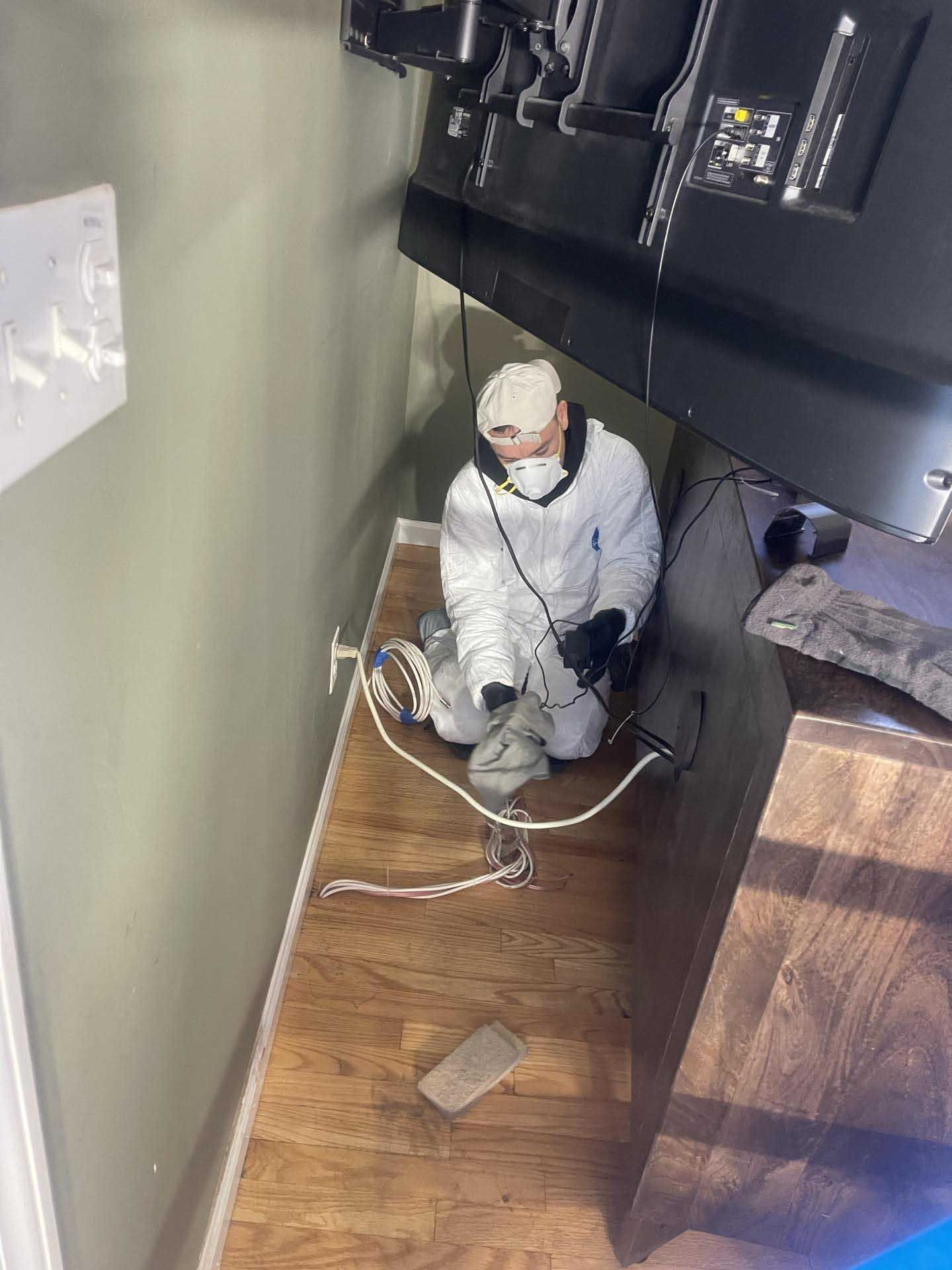 A person in a white hazmat suit and mask works on wiring behind a wall-mounted TV in a residential room with wood floors.