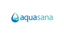 AquaSana logo: Blue water drop with a wave inside, beside the brand name in blue.