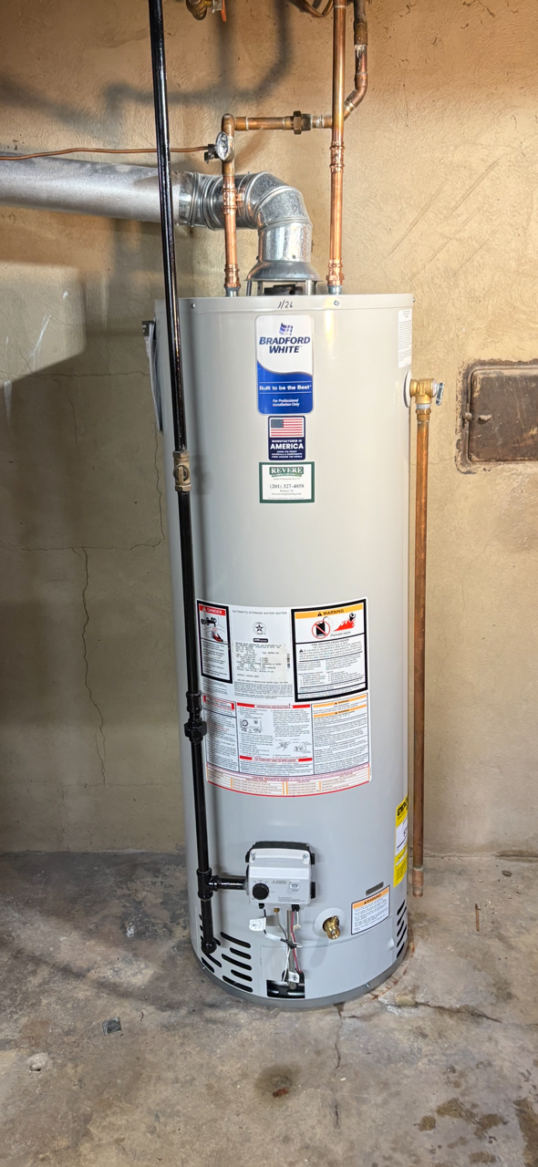 Water heater in a basement setting with copper pipes and ventilation.