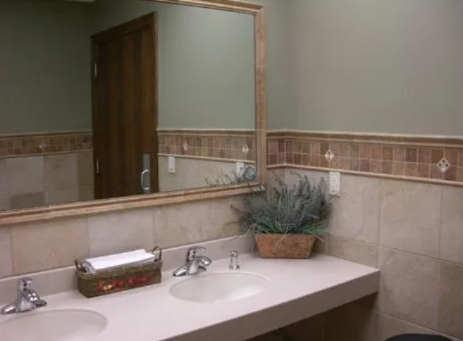 Public restroom with two sinks, mirror, decorative tile border, and a potted plant.
