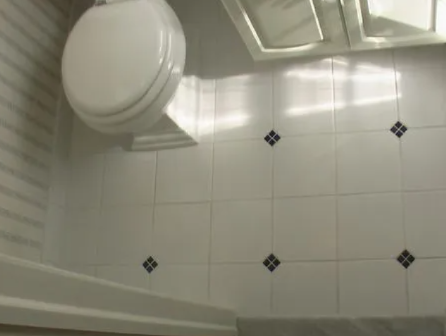 Toilet in a white-tiled bathroom, accented with black diamond-shaped tiles.