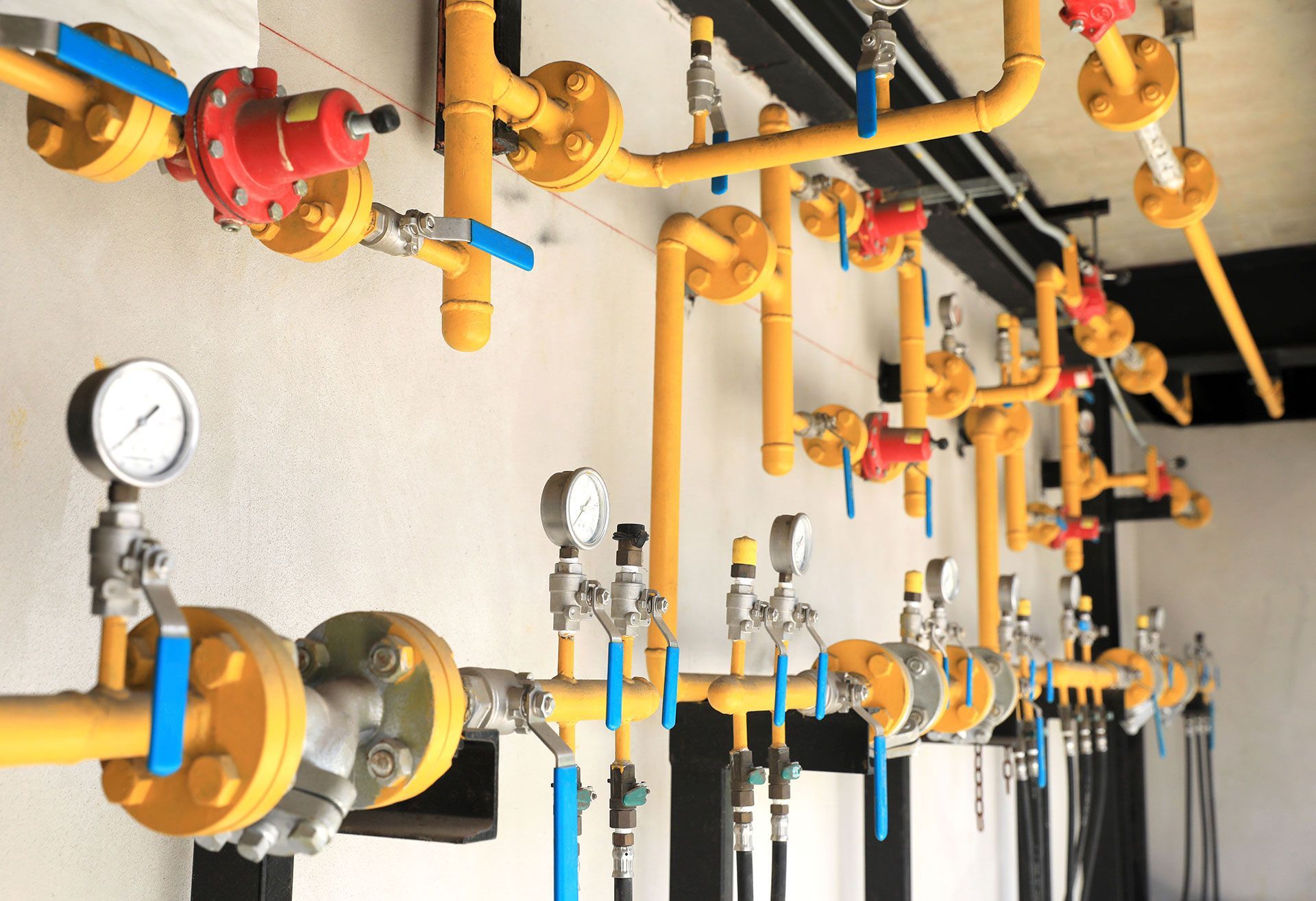 A complex network of yellow industrial pipes on a white wall, featuring pressure gauges, red regulators, and blue valves.