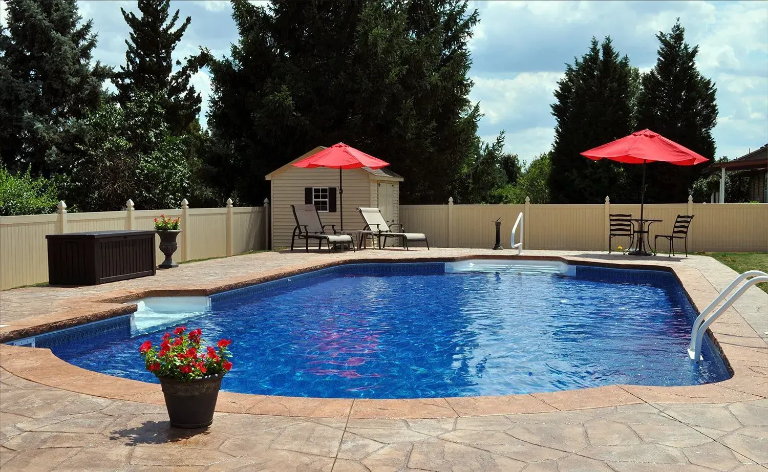 Backyard pool with red umbrellas, shed, lounge chairs, and flower pots.