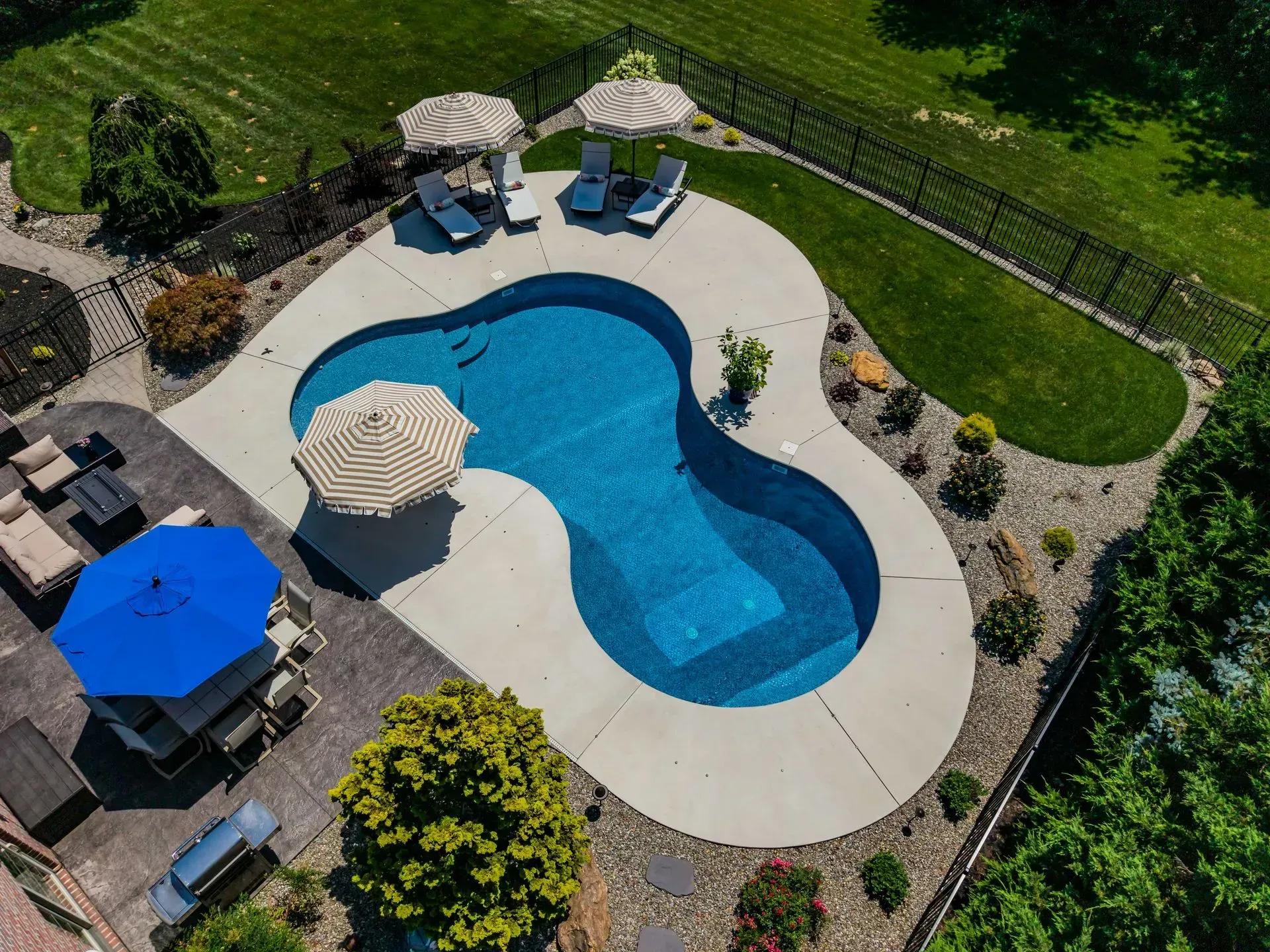 Aerial view of a kidney-shaped pool with lounge chairs, umbrellas, and patio furniture in a landscaped backyard.