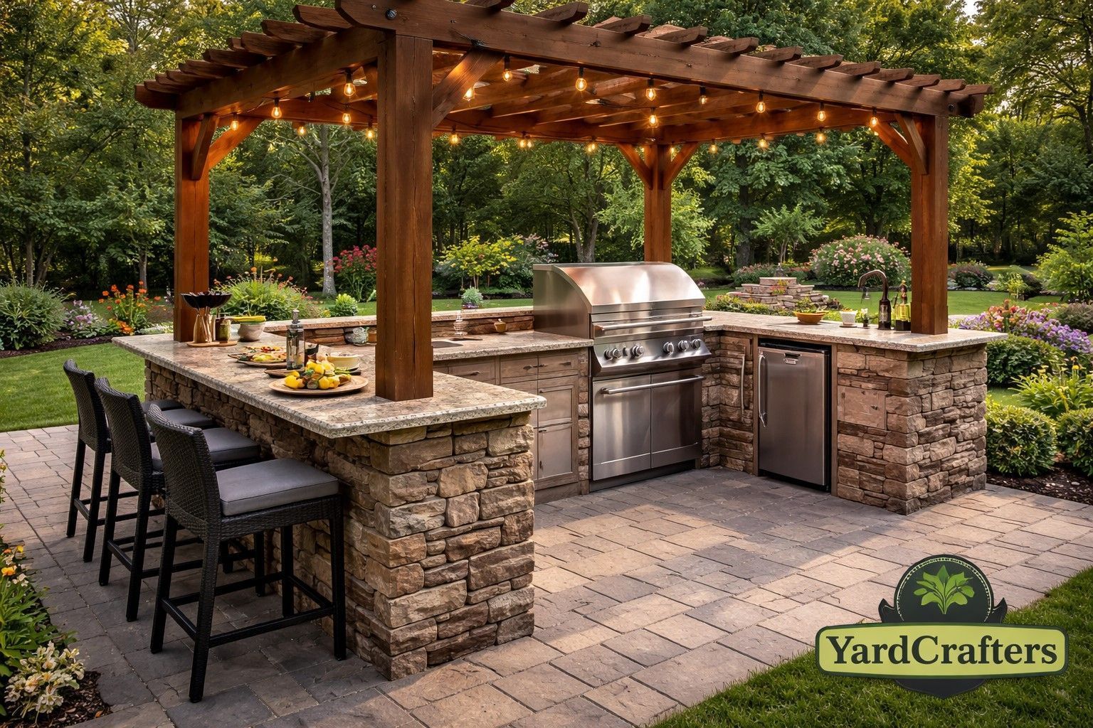 Outdoor kitchen with a stone base, granite countertop, grill, mini-fridge, bar seating, and a pergola.