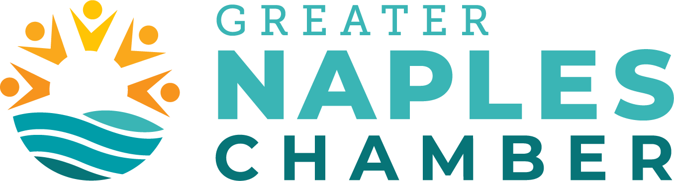 Logo for Greater Naples Chamber: turquoise text, sunrise with figures, and ocean waves.