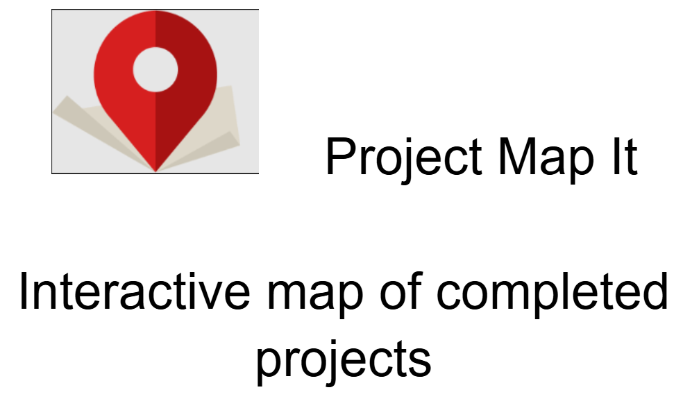 Project Map It logo: red location pin, text, and description of completed projects.  