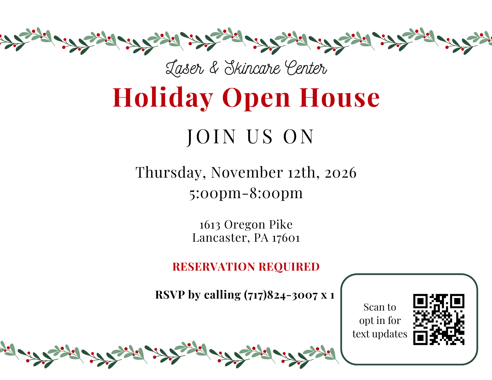 Holiday open house invitation with floral border, event details, and QR code for RSVP/location.