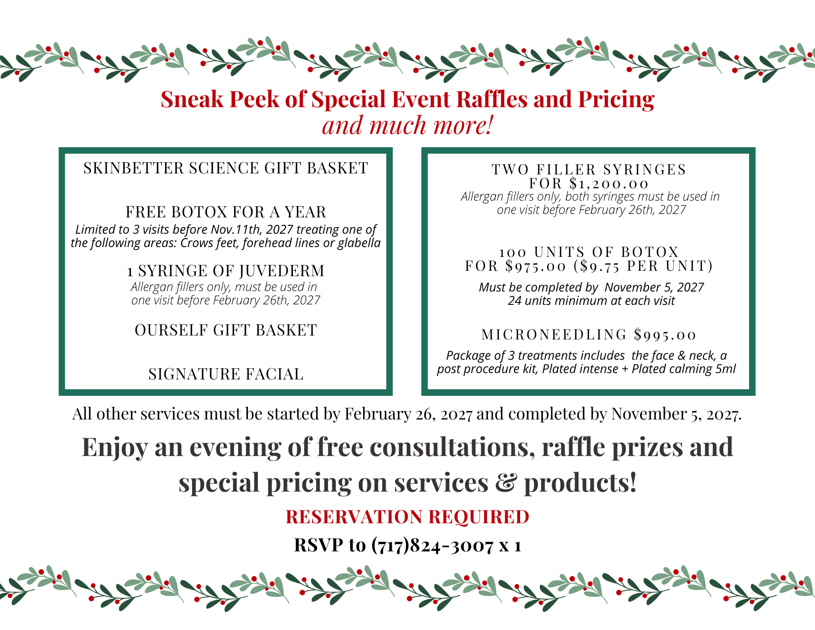 Flyer for a special event with two offer boxes, a green floral border, and text about free consultations and pricing.