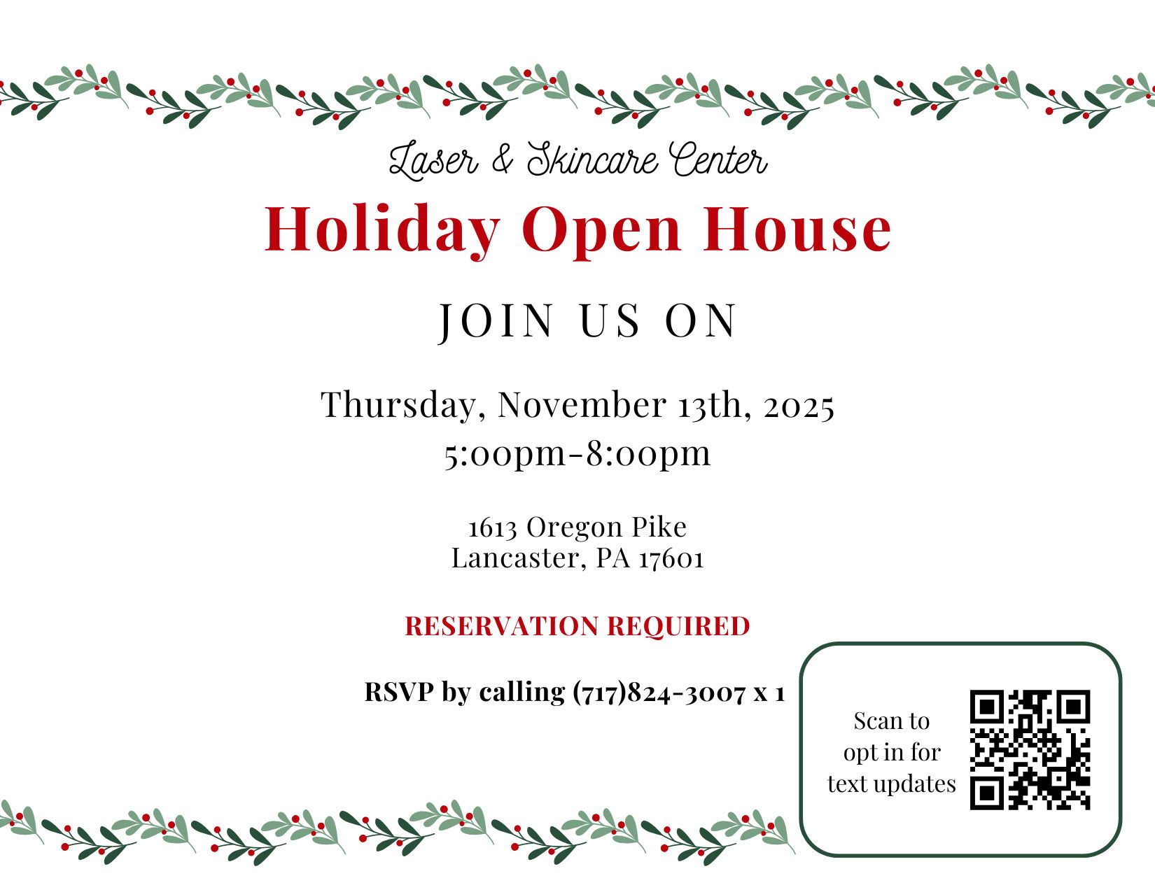 Holiday Open House flyer: Lasers & Skincare Center, Thursday November 13th, 2025, Lancaster, PA. RSVP required.