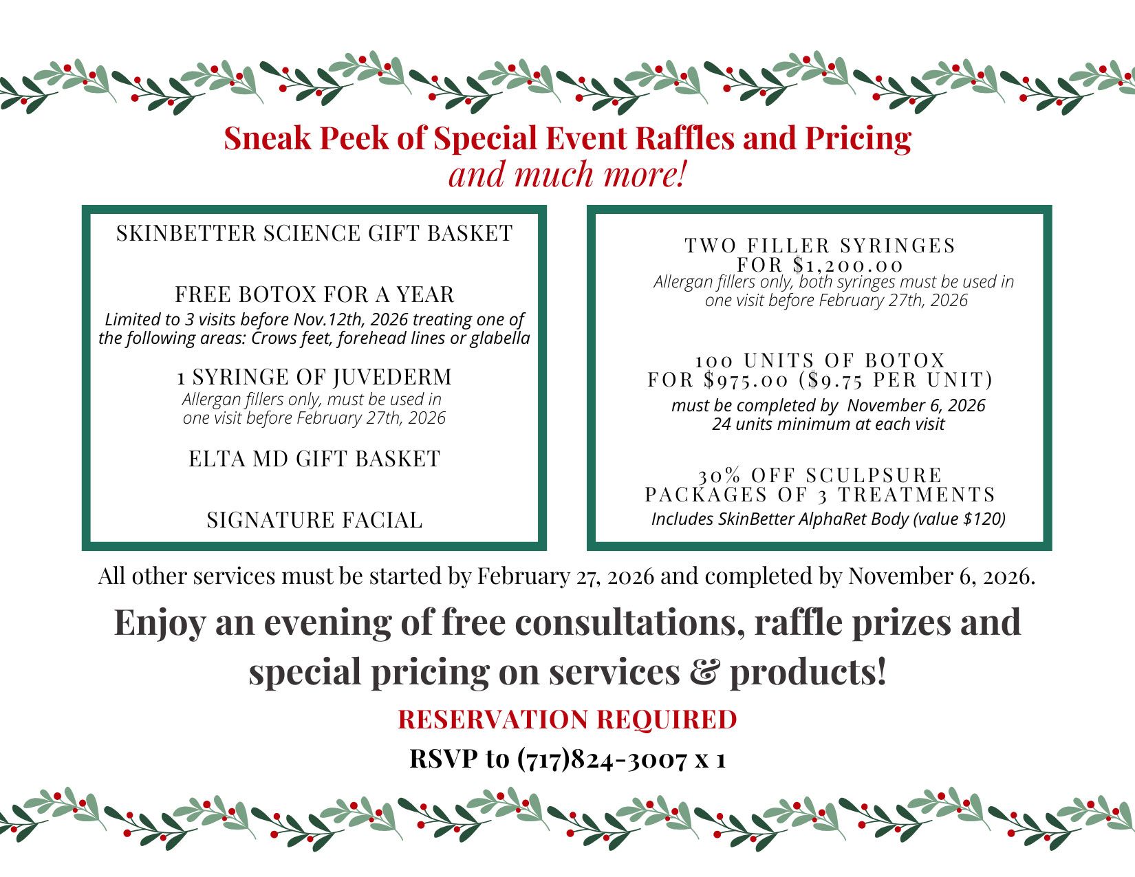 Event flyer for special raffles and pricing, with a green and white theme, showcasing beauty treatments and products.
