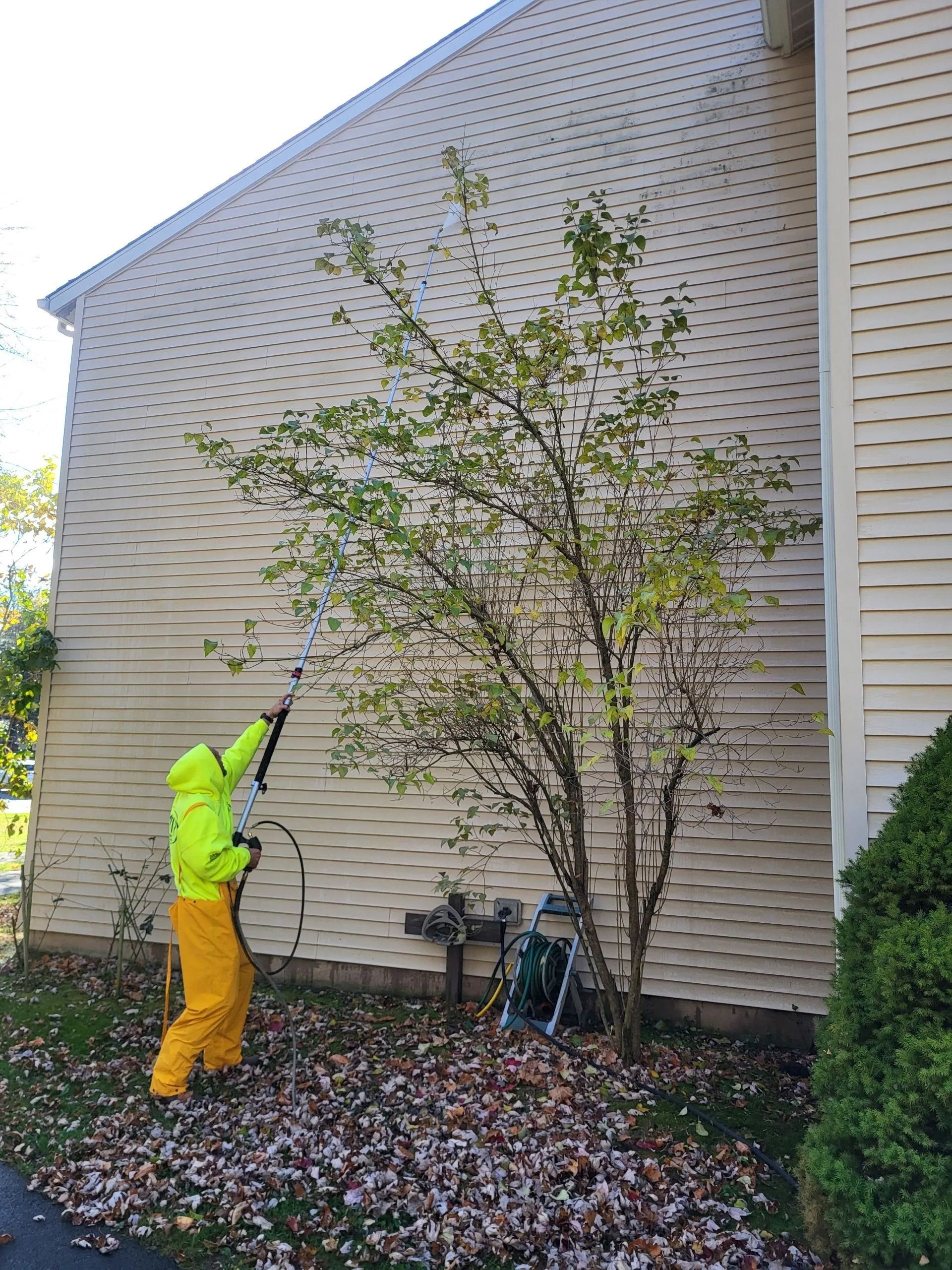 Person in yellow suit power washing siding near a tree, fallen leaves on ground.