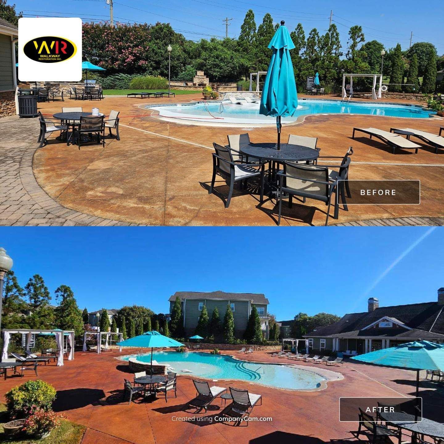 Before and after comparison of a community pool area with red concrete and teal umbrellas.