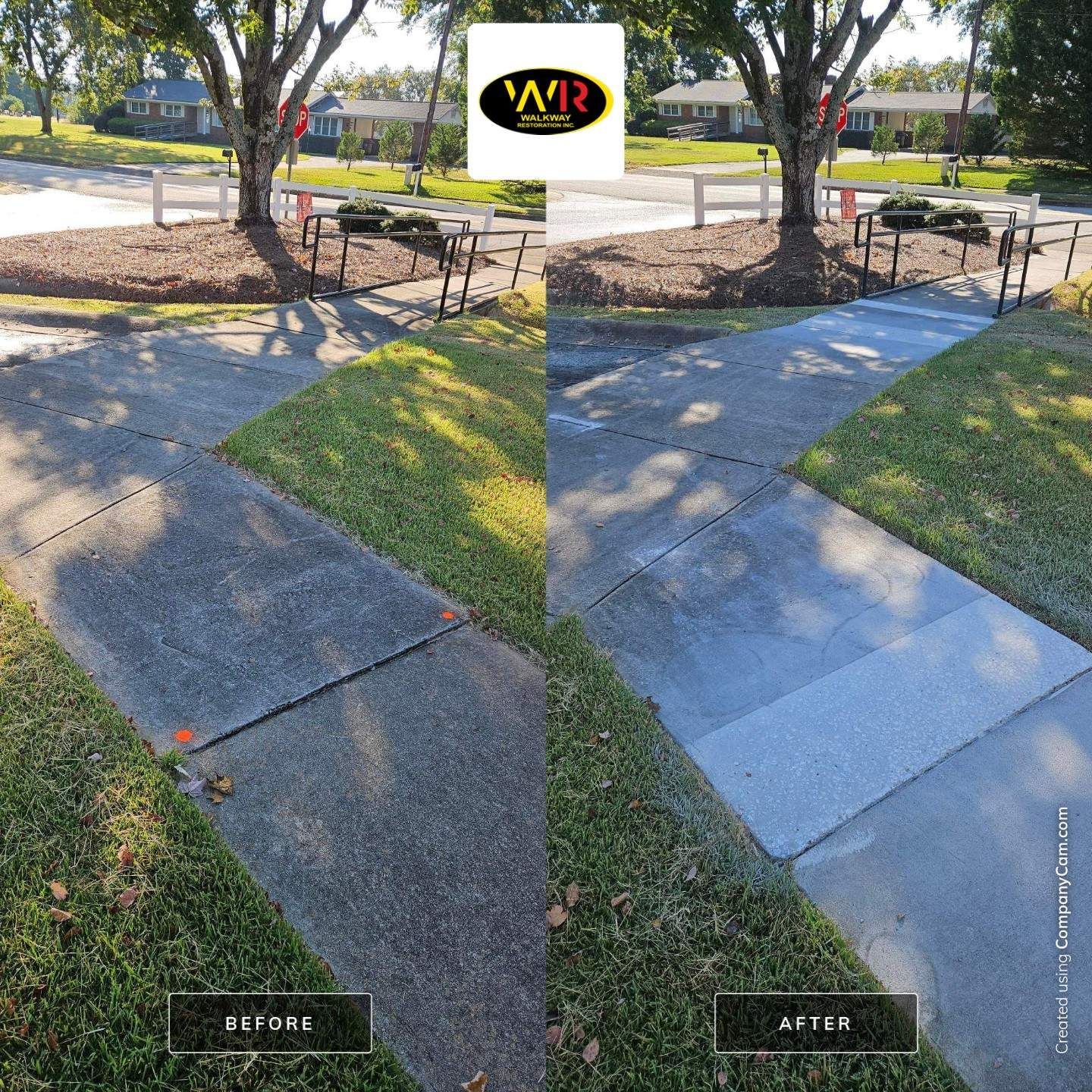 Before-and-after of a sidewalk cleaning: gray concrete sidewalk before and after pressure washing.