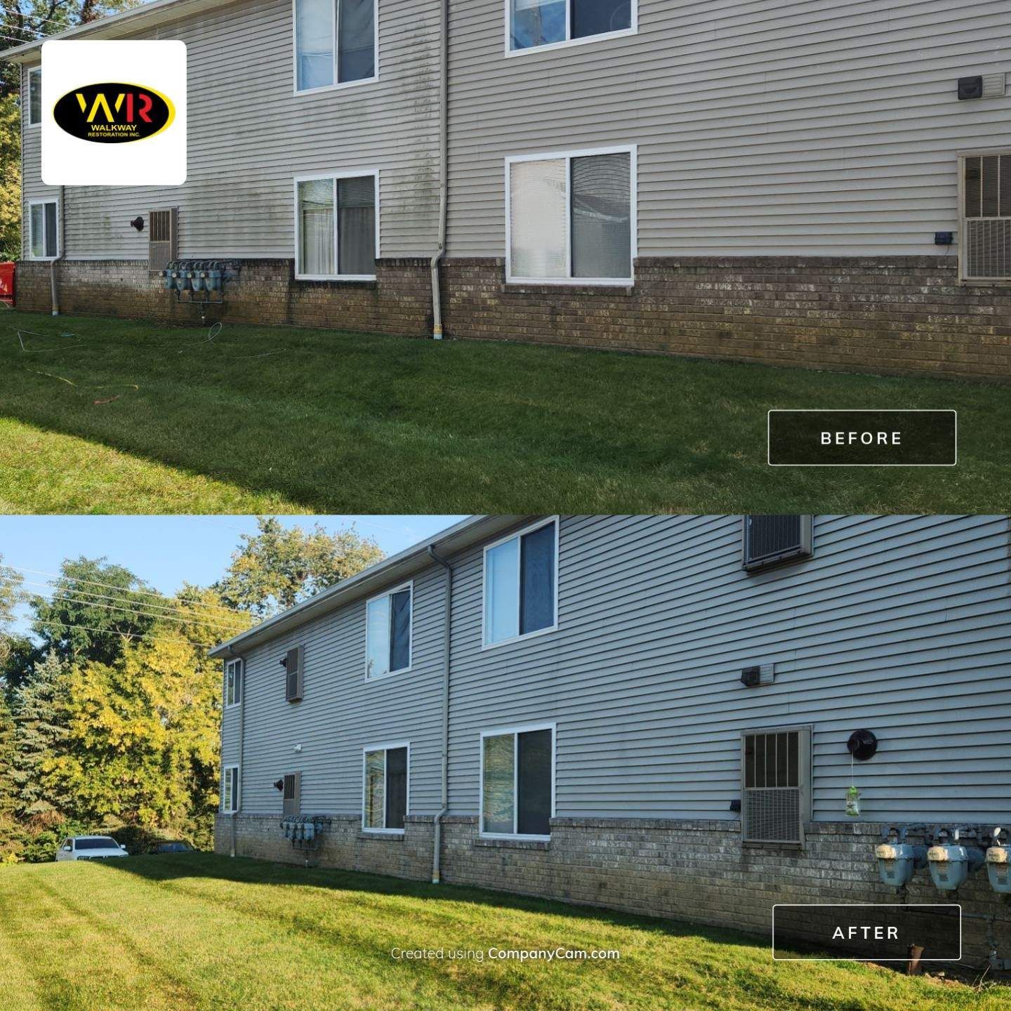 Side-by-side comparison of a building's exterior before and after cleaning. Grimy siding is cleaned to reveal its true color.