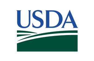 USDA logo: Blue text over green stylized landscape.