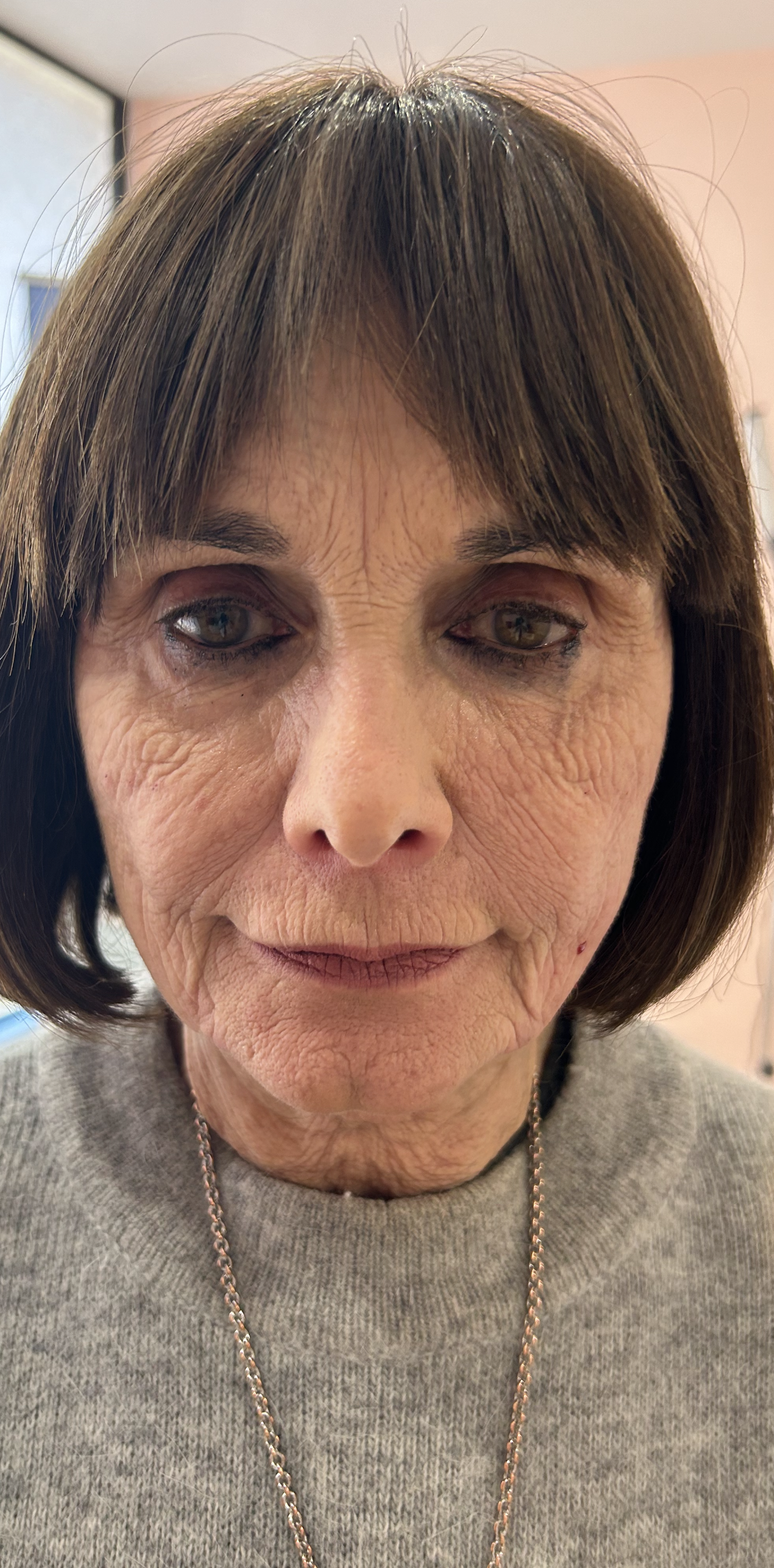a close-up of a woman's face with a gray sweater and a necklace