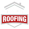 Logo featuring a stylized gray house outline above a red banner containing the white, bold text "ROOFING".