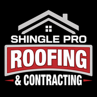 Logo for Shingle Pro Roofing with white text on a black background and a red banner containing the word "ROOFING."
