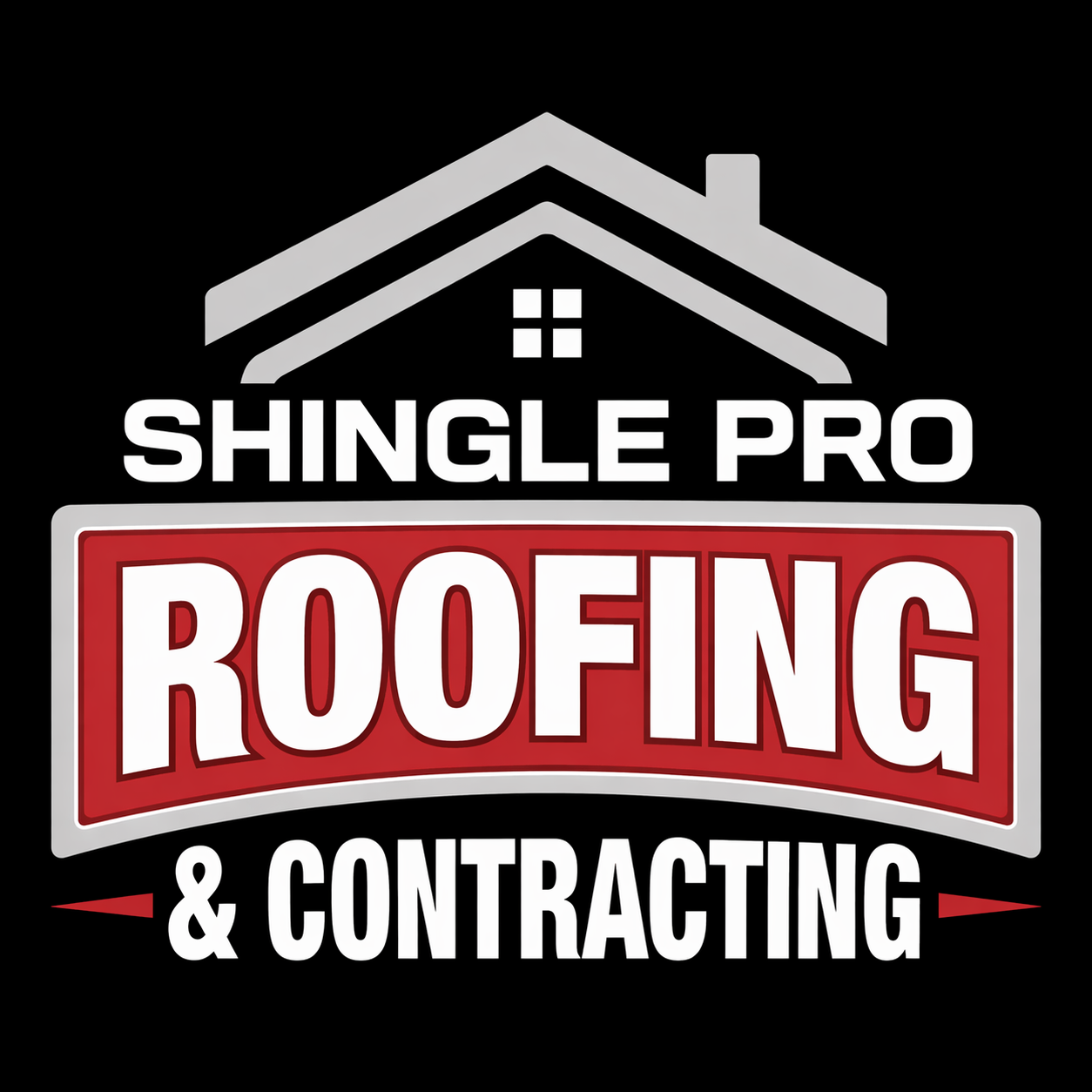 Logo for Shingle Pro Roofing with white text on a black background and a red banner containing the word "ROOFING."