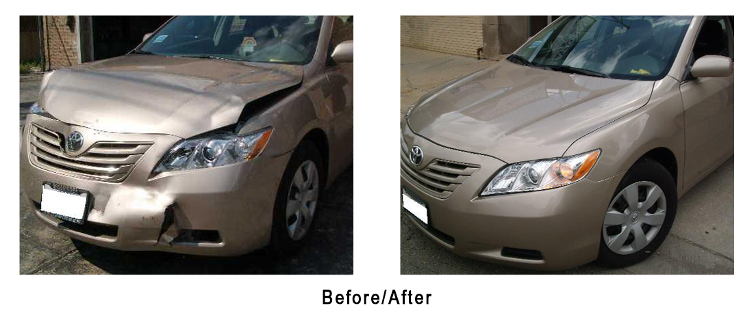 A picture of a car before and after being damaged.