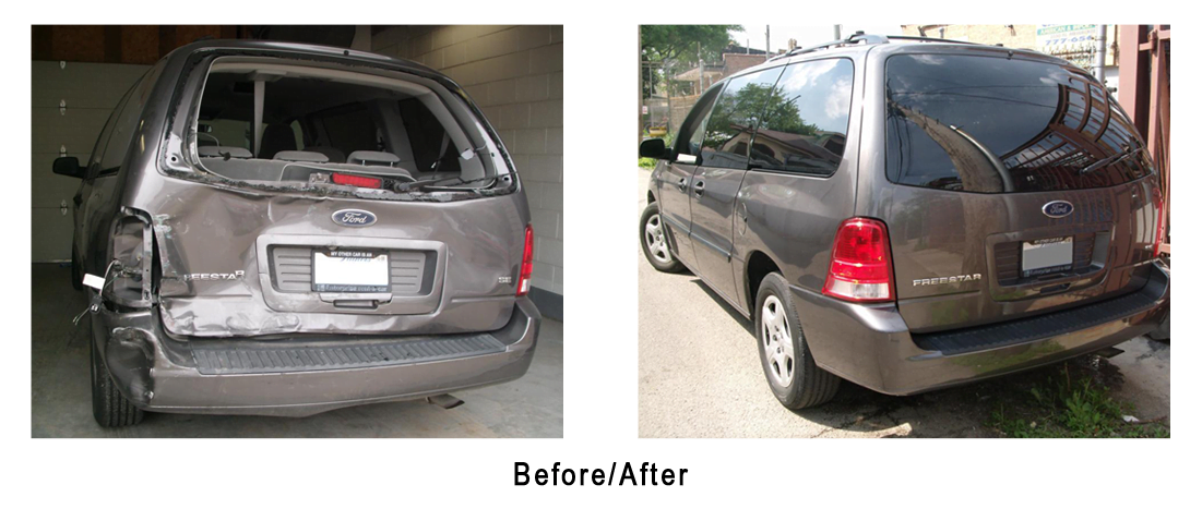 A before and after photo of a ford minivan.
