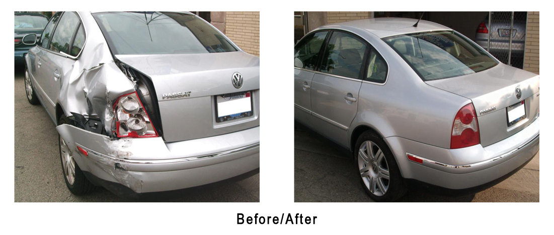 A silver car with a damaged bumper is shown before and after being repaired.