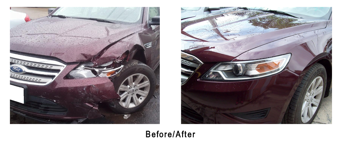 Two pictures of a purple car with a damaged front end.