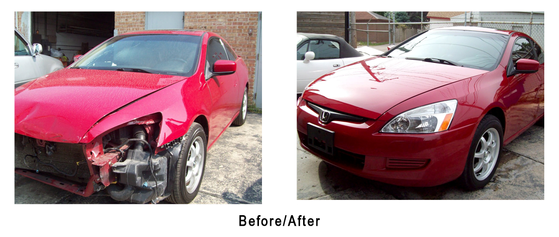 A before and after photo of a red honda accord.
