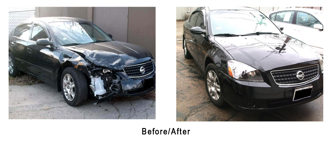 A before and after picture of a black car.