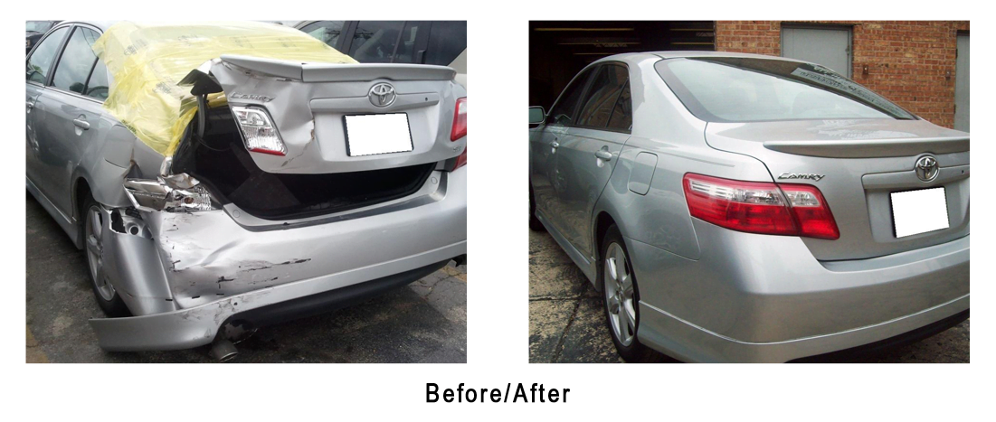 A picture of a car before and after being repaired.