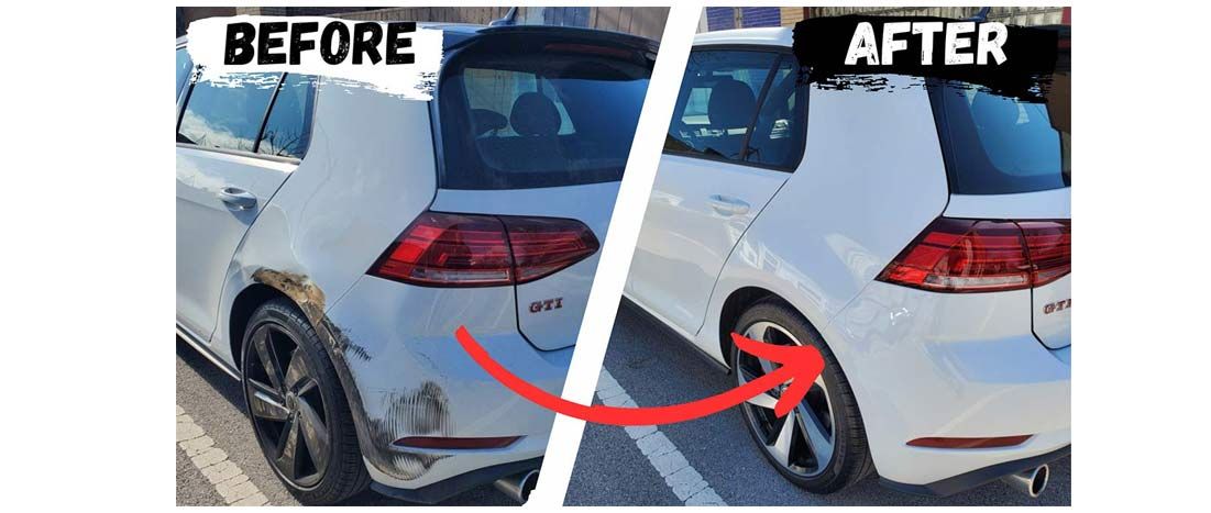 A picture of a car before and after being damaged.
