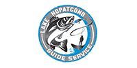 Logo for Lake Hopatcong Guide Service featuring a fish, a person in a small boat, and a fishing line in a circular frame.